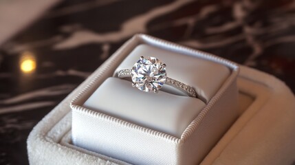 Poster - A large, flawless diamond resting in a cushioned white box, perfect for luxury and proposal themes.