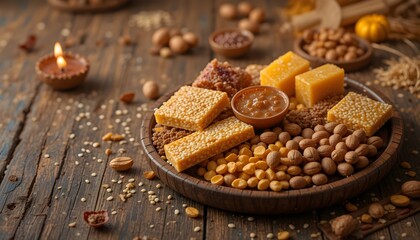 Happy Makar Sankranti banner. A traditional Lohri platter with sesame chikkis, jaggery, roasted peanuts, and sugarcane, set on a rustic wooden table.