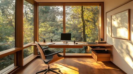 Poster - A minimalist home office nook with a wooden desk, comfortable chair, and plenty of natural light flowing through large windows.