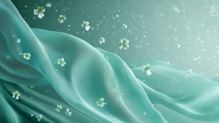 Wall Mural - Teal fabric gently flows with floating shamrocks