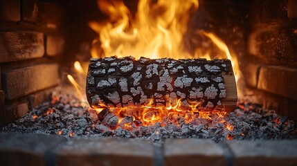 Wall Mural - Burning log in brick fireplace.