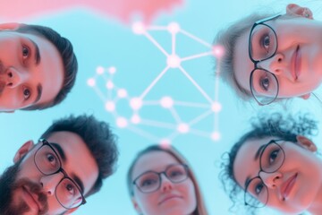 Poster - Diverse Team Collaborating Around Digital Network in Futuristic Neon Light