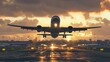 A plane taking off from an airport runway at sunset, creating a dramatic and cinematic scene.