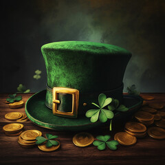 A vibrant green bowler hat with a gold buckle and a shamrock attached, placed on a wooden table surrounded by gold coins and clovers,  St. Patrick's Day concept