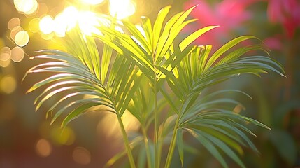 Wall Mural - Lush green leaves illuminated by sunlight.