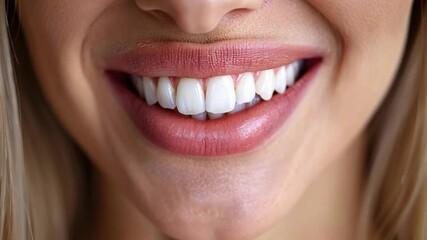 Poster - A person is displaying an impressive, bright smile featuring radiant white teeth. The focus is on the teeth and lips, highlighting the results of cosmetic dental work.