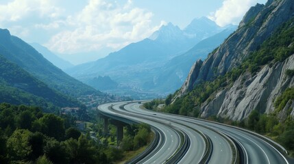 Fototapete - A winding motorway cutting through a mountainous region, with dramatic curves and scenic views.