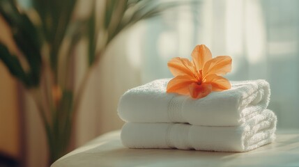 Poster - Soft white towels stacked neatly with an orange flower on top, creating a serene and inviting atmosphere in a brightly lit spa or hotel room, perfect for relaxation and pampering