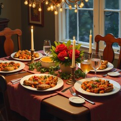 Wall Mural - The image shows a dining table set for a meal in a dining room. The table is covered with a red tablecloth and has a chandelier hanging from the ceiling.