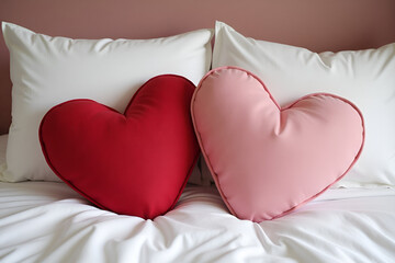 Wall Mural - A romantic bedroom scene with heart-shaped cushions in pink and red placed against crisp white bedding