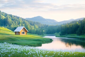 Canvas Print - A serene landscape featuring a cozy wooden house by a river, surrounded by lush greenery and blooming flowers, Ideal for nature-related projects, real estate presentations, or relaxation themes,