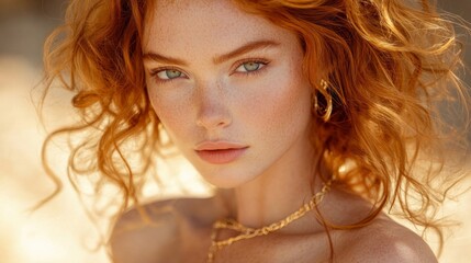 Poster - Redhead Woman With Freckles and Gold Jewelry