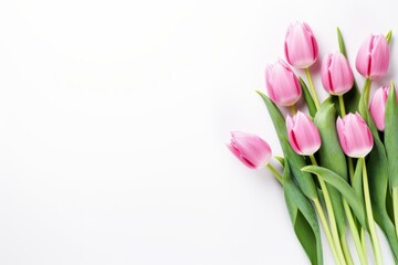 Wall Mural - Pink tulips forming a bouquet resting on a white background with space for text