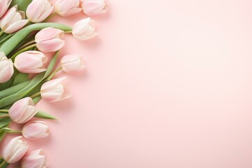 Wall Mural - Beautiful bouquet of pink tulips arranged on a pastel pink background, creating a delicate and romantic border with ample copy space