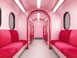 © PorchzStudio - A vibrant, pink-themed interior of a train carriage featuring comfortable red seats and arched doorways, creating a playful and inviting atmosphere.