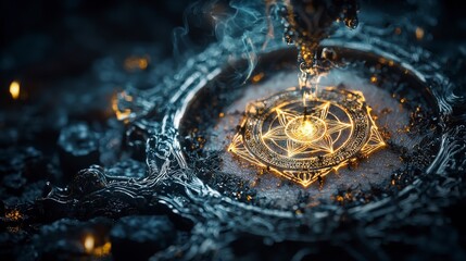 Aufkleber - Sacred ink mixing ritual ancient temple closeup photography mystical environment artistic perspective spiritual concept