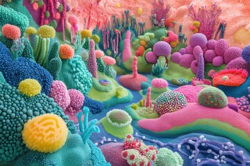 Poster - Vibrant landscape filled with intricate bacteria forms and textures creating a colorful natural habitat. Generative AI