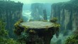 © Design By Reiga - Misty mountaintop platform with lush vegetation, overlooking a dramatic valley.