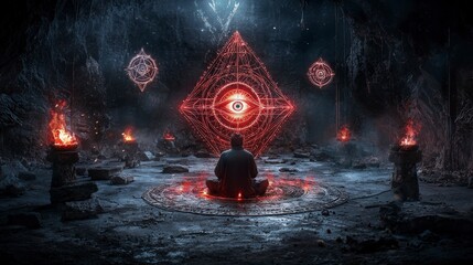 Aufkleber - Devotee cultivating mystical energy dark cave fantasy art enigmatic environment rear view spiritual awakening