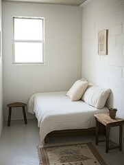 Poster - Minimalist Eco-Friendly Guest Room with Upcycled Furniture and Soft Neutral Tones