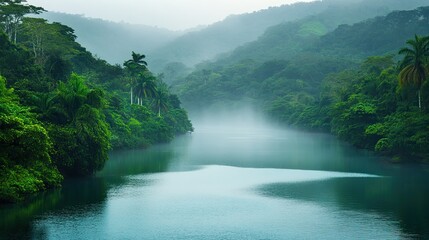 Canvas Print - Serene River Flows Through Lush Green Tropical Mountains