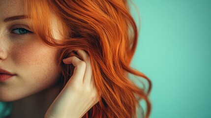 Wall Mural - Redhead woman gently touches her vibrant hair