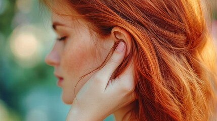 Wall Mural - Red haired woman gently touching her ear