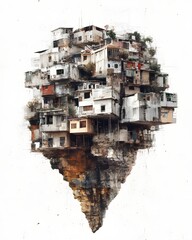 Wall Mural - A surreal floating island of houses, blending architecture with imaginative landscapes.