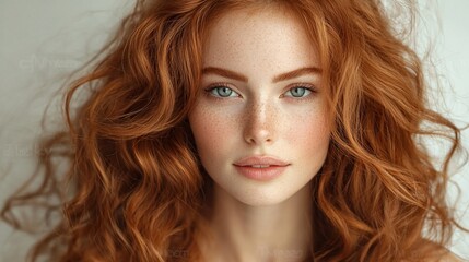 Wall Mural - Close-up portrait of a beautiful woman with long, curly red hair and freckles.