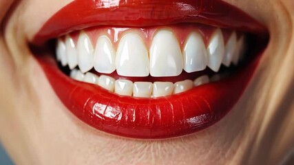 Poster - A person displays a radiant smile with impeccably white teeth highlighted by striking red lipstick. The setting suggests a focus on cosmetic dentistry and dental aesthetics.