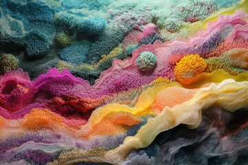 Aufkleber - Vibrant landscape formed by various bacterial textures and colors illustrating a microcosm of life. Generative AI