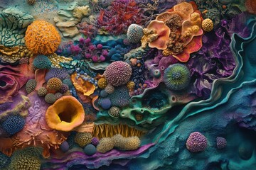 Aufkleber - Bacteria forms and textures creating a vibrant abstract composition in a microscopic world. Generative AI