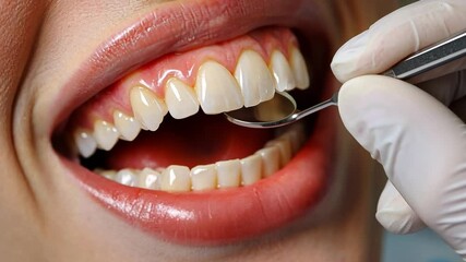 Poster - A dental professional examines a patient's bright smile using a dental mirror. The setting is a modern dental clinic featuring advanced cosmetic dentistry techniques.