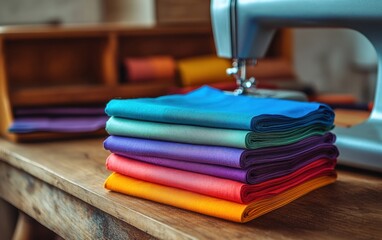 A stack of colorful fabric swatches on a wooden table next to a sewing machine