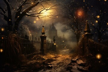 Wall Mural - Spooky winter night scene with mysterious gate leading to haunted mansion, fireflies flying around and a full moon in the background