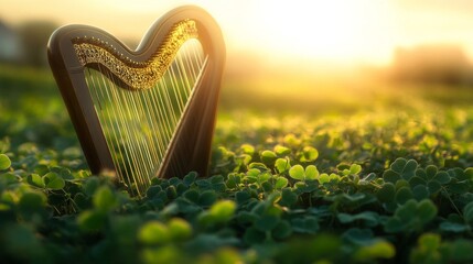 Wall Mural - Harp Rests in a Field of Green Clover at Sunset