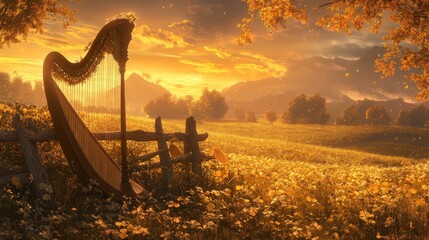 Wall Mural - Golden Sunset Harp in Autumnal Field