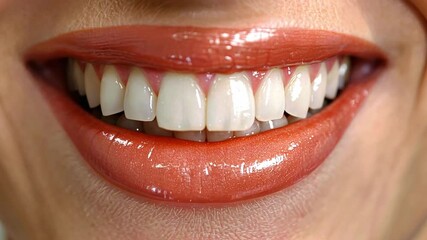Poster - A person displays a confident smile with well-aligned teeth and glossy lips, highlighting the results of cosmetic dentistry. The focus emphasizes the beauty and health of the smile.