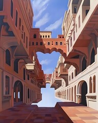 Wall Mural - A surreal architectural scene featuring arches and colorful buildings under a blue sky.