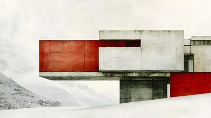 Wall Mural - A modern architectural structure with bold red accents set against a snowy landscape.