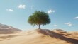 © Thirakun - Tree standing alone in the center of a desert with rolling sand dunes and clear skies