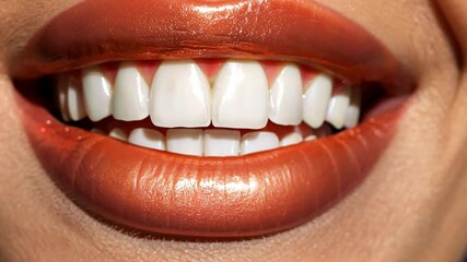 Poster - A close-up view reveals a perfect smile featuring bright white teeth and glossy copper-colored lips. The setting emphasizes the artistry of cosmetic dentistry in enhancing dental aesthetics.