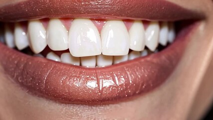 Poster - A close-up view of a vibrant smile highlighting the results of cosmetic dentistry. The gleaming teeth and smooth lips reflect the high-quality advancements in dental aesthetics and AI technology.