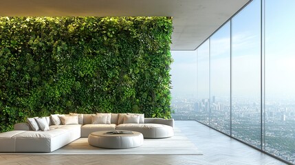 Poster - Modern living room with greenery and city view.