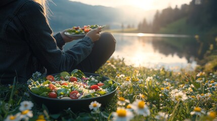 Wall Mural - Tranquil Spring Picnic by Lakeside at Sunset