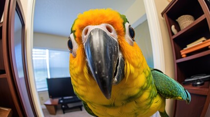 Wall Mural - Close-up of a parrot's muzzle looking at the camera. A bird in home conditions. Funny feathered pet. Illustration for cover, postcard, interior design, banner, brochure, etc.