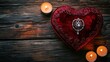 © Fenny - Red velvet heart-shaped box with gemstone, candles on rustic wood.