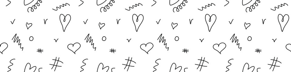 Wall Mural - Seamless abstract pattern of different contour hearts and doodles. Freehand scribble background, texture for textile, wrapping paper, Valentines day, romantic design