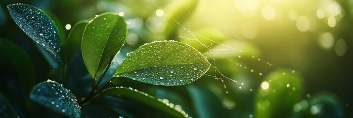 Wall Mural - Dewy Spider Web on Leaves at Sunrise Capturing Delicate Spring Beauty