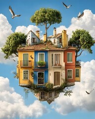 Wall Mural - A whimsical floating house surrounded by trees and clouds, showcasing imaginative architecture.